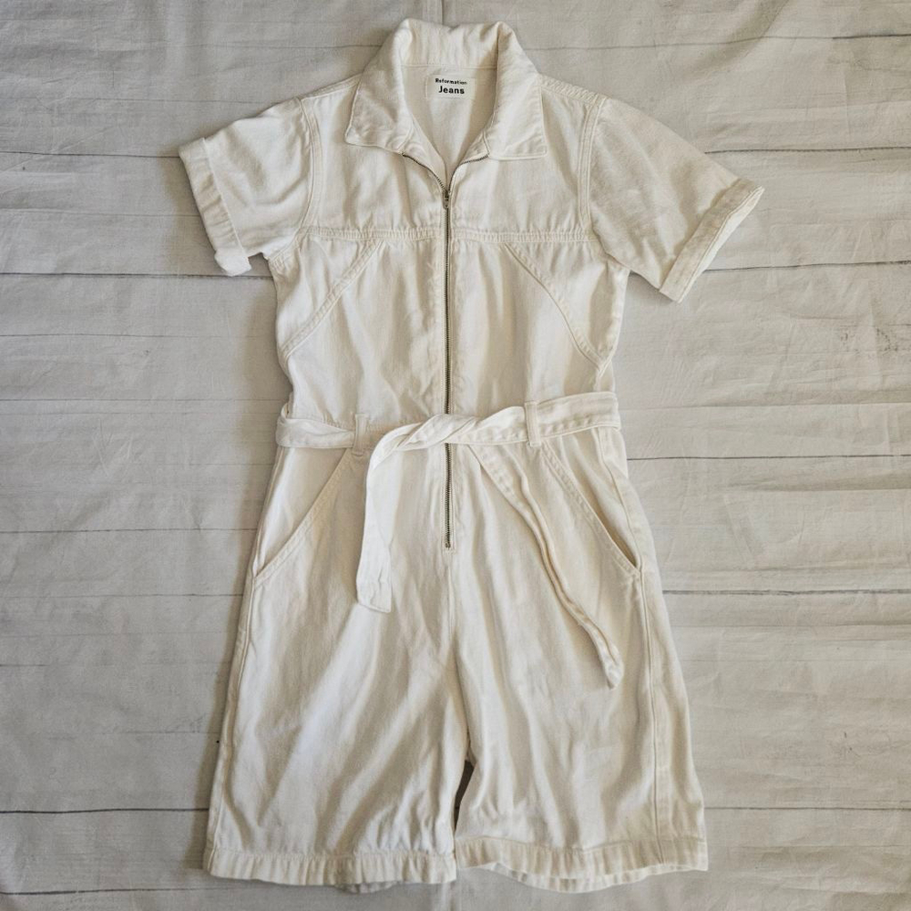 Reformation White Denim Romper Collared Belted Neutral Minimalist Womens 0